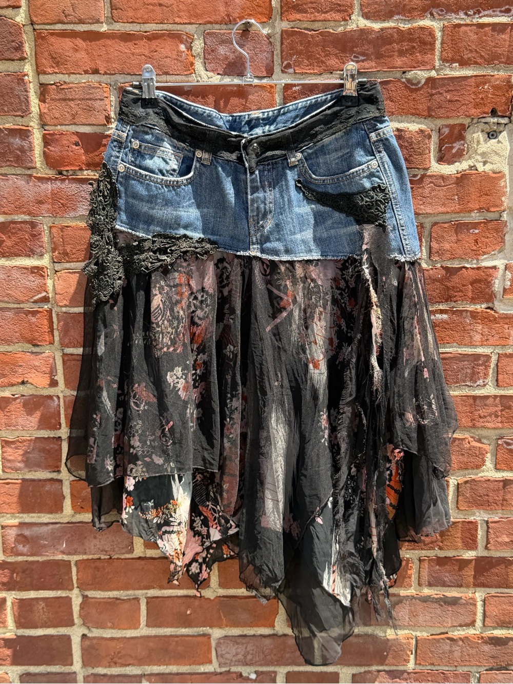 Upcycled Denim & Floral Mesh Handkerchief Hem Skirt Boho Fairycore Festival
